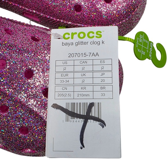Crocs Baya Glitter Clog K Kids Size J2 Pink Sparkle Iconic Comfort Shoes - Picture 2 of 8